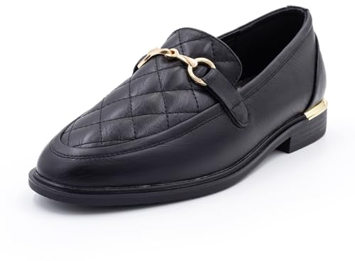 Cushion Walk Women's EEE Extra Wide Fit Black Faux Leather Loafers, Comfortable Slip-On Flat Shoes, Low Block Heel, Casual or Work Wear (6 UK, Black)