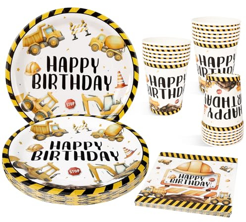 Juego de Vajilla para Fiesta de Obras de Construcción de 52 Piezas, Decoración de Excavadora para Platos de Excavadora Vasos de Papel Servilletas para Fiestas de Cumpleaños Infantiles para 16 Personas