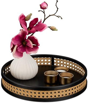 Relaxdays Dekorativ bricka, rottinglook, H x D 5,5 x 30 cm, rund hylla för ljus, smycken, bricka med kant, svart/natur