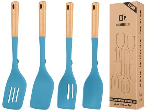 Pack of 4 Silicone Kitchen Utensils Set, Non Stick Solid Spatulas and Heat Resistant Slotted Spoons with Wooden Handle, Ideal BPA Free Cooking Utensils for Mixing,Serving,Turning,Stirring(Blue)