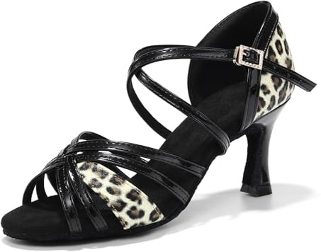 Uonpie Latinska dansskor dam öppen tå salong skor häl 7,5 cm, Leopard, 38 EU