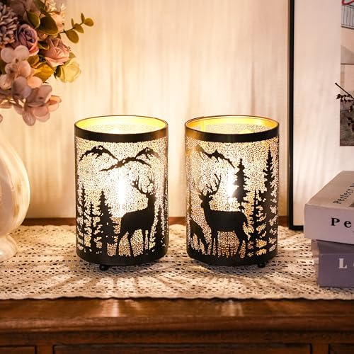 TRIROCKS Hirsch Deko Kabellose Tischlampe aus Metall 16cm Hoch 2er-Set Zylindrisch Batteriebetriebene Lampe LED Stimmungslicht für den Innen Außenbereich für Weihnachten Garten und Hochzeiten (Bronze)