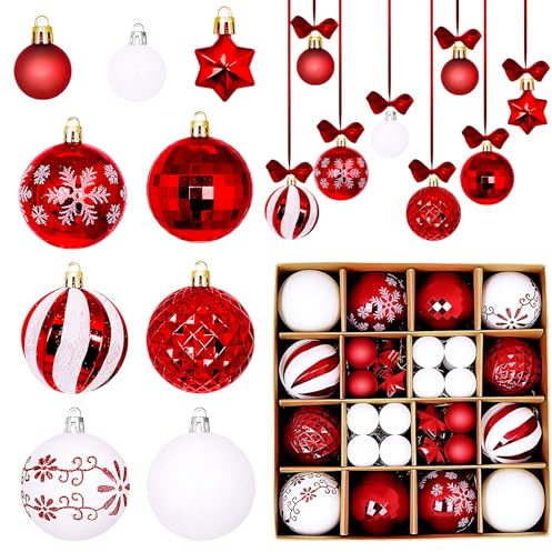 Moerstar 44 Pezzi Palline di Natale, Set Palline Albero di Natale, Decorazioni Natalizie per Albero, Ornamenti Palle Natalizie Rosso Verde Oro Bianco Rosa per Decorazioni Feste (Stile A)