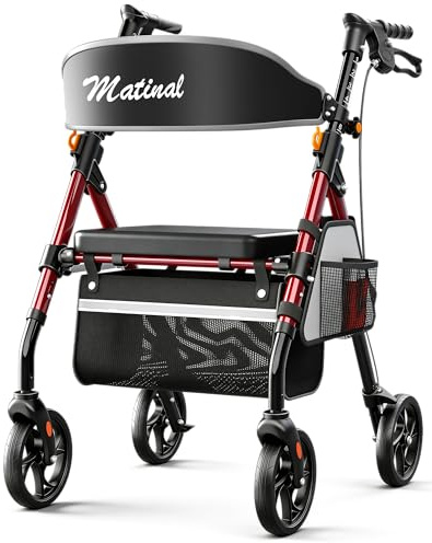 Matinal Leichte, Faltbare Rollatoren mit Sitz für Senioren, 158 kg Tragkraft, 20 cm Räder, 45 cm Großer Sitz, 6-fach Höhenverstellbar, Ultraleichter Aluminiumrahmen (Rot)