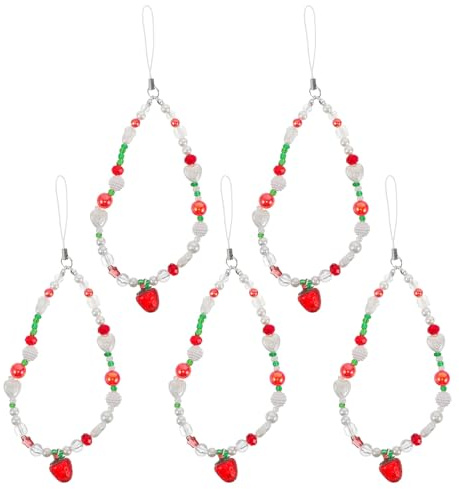 VILLCASE 5 Piezas Charm para Teléfono Forma de Fresa Cadena para Teléfono Móvil Antipérdida Correa para Muñeca Fresa Dije para Pulsera Llavero