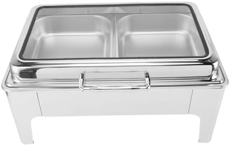 Kikumi Set Scaldavivande da Buffet, Scaldavivande per Catering, Rettangolare, in Acciaio Inox, da 9 Litri, Riscaldato Ad Alcool, con Vaschetta e Coperchio Visibile, per Eventi, Feste, Vacanze (2