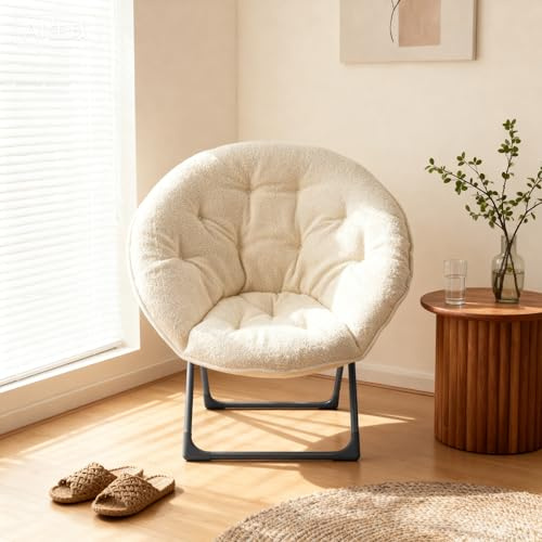 A ALFRESCOOL Klappstuhl, Sessel, Campingstuhl, Lesesessel, Schafwoll-Saucertischstuhl, Tragbarer Weicher Mondstuhl, für Schlafzimmer, Balkon, Entspannungsbereiche, Gärten, Höfe, 80×80×37 (Beige)