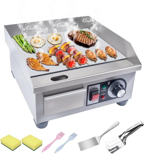 Commercial Electric Griddle, 1500W Countertop Flat Top Grill, 14.2in Stainless Steel Griddle Grill with 2 Shovels and 2 Brushes for Home or Restaurant, 122℉-572 ℉ Adjustable Temp