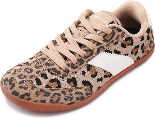 WHITIN Wide Toe Box Barefoot Shoes for Women Suede Knit Minimalist Zero Drop Sole Sneakers Size 9 9W Athletic Brogue Lace Up Leopard 40