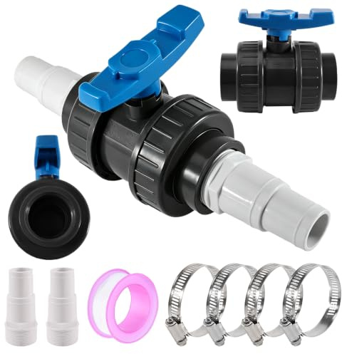 1,5 Zoll Kugelhahn mit Schlauchverbinder, PVC Absperrhahn Pool Absperrventil Set, 2 Schlauchtülle 32-38mm, Poolschlauch Verbinder Pool Adapter Poolventil Ventil Kugelventil, 2 Klemmen & 2m Dichtband