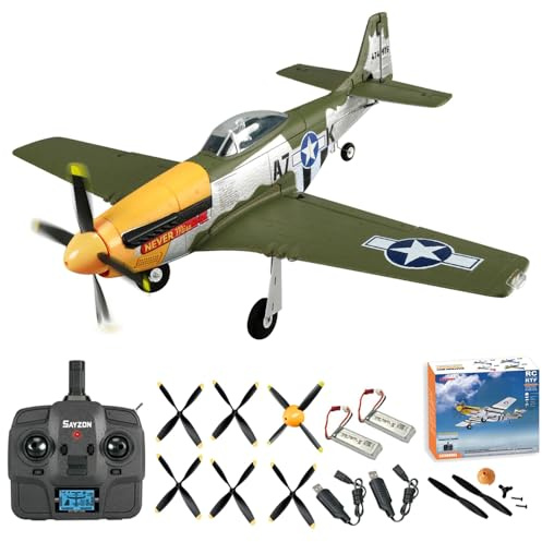 SAYZON Aereo RC 5CH P51D Mustang Aereo RC con Radiocomando Rimovibile 3D/6G 2.4GHz Brushless Aerei RC per Adulti e Principianti con Elica e Batteria di Ricambio (2BS)