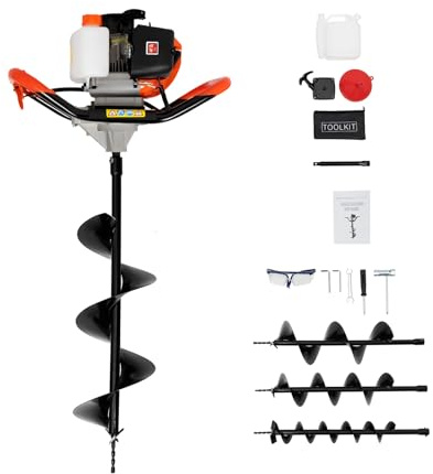 BTGSHYNM 52cc bensin jordborr 2-takt, 1,7 kW trädgårdsborr med 3 borrspetsar (100/150/200 mm), förlängningsstång, dubbelhandtag, luftkylning, 8 500 varv/min, för staketstolpar, växter och