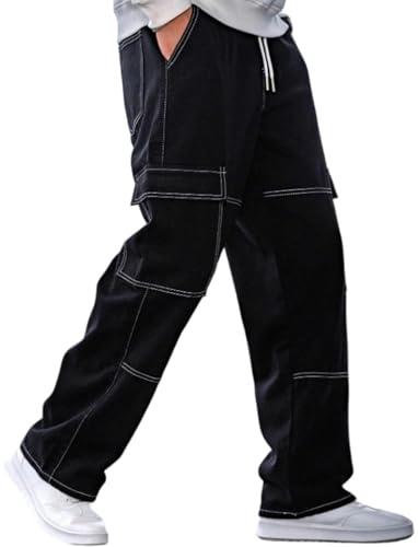 PADOLA Jean Homme Cargo Baggy Y2K Pantalon de Travail avec 6 Poches Taille Elastique Denim Jeans Jambes Larges Regular Fit Pantalons Coupe Droite Streetwear Décontracté Ample