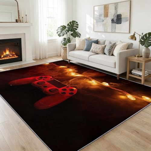 Teppich 60 x 90 cm Spielcontroller Beleuchtung Rauch Waschbarer Wohnzimmer Teppich, Orange Farbe Weiche Kurzflor Läufer rutschfest Läufer Flauschiger für Kinderzimmer Spielzimmer Flur Esszimmer Küche