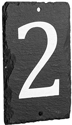 Number 2-14.5 x 9cm Natural Solid Slate House Number Plaque (0-9) Indoor & Outdoor Rustic Door Numbers Sign Including Fixings & Caps - by Nicola Spring