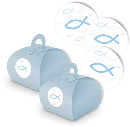 itenga 25x Geschenkboxen aus Karton I Fisch Hellblau I inkl. Sticker Aufkleber I geeignet als Geschenkverpackung oder Gastgeschenk für Taufe, Kommunion & Konfirmation