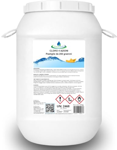 acquaverde | Cloro 4 AZIONI in Pastiglie da 200 grammi - 25 kg di Multiazione per Piscina, Trattamento Multifunzione: Clorante, Antialghe, Stabilizzante del Ph e Flocculante per Acqua di Piscine