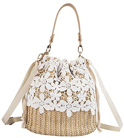 Femmes Filles de Paille D'épaule Sac Bohême Casual de Plage Sac de Mode Voyage de Paille Rotin Sac À Main avec Bretelles Réglables, Flower