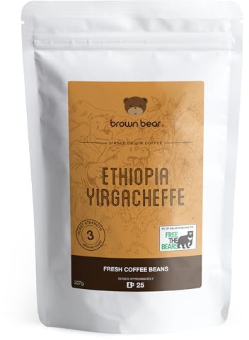 Ethiopia Yirgacheffe Coffee Beans 227g - Medium Roast - Strength 3 - Suitable For All Machines - Brown Bear Ethiopian Coffee - Donation to Free The Bears - 100% Arabica