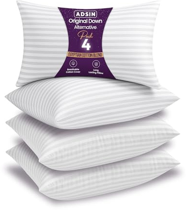 adsin Stripe Bed Pillows, Bounce Back Premium Polyester Hypoallergenic And Dust Mite Resistant Hotel Luxury Sleep Pillows, for Back and Side Sleepers Pillow (Firm, Pack of 4)