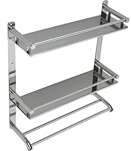 BBL Bathroom Shelf, Stainless Steel Bathroom Shelf Wall Mounted Shower Storage Organizer with Towel Rack, Hooks for Bathroom Kitchen Storage (Double Tier), Silver