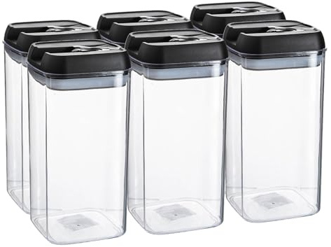 Argon Table Food Storage Containers with Airtight Flip Lock Lids - 1200ml - Black - 6 Pack - Plastic Kitchen Storage Pantry Food Organiser for Cereal, Oats, Sugar, Coffee, Biscuits, Tea