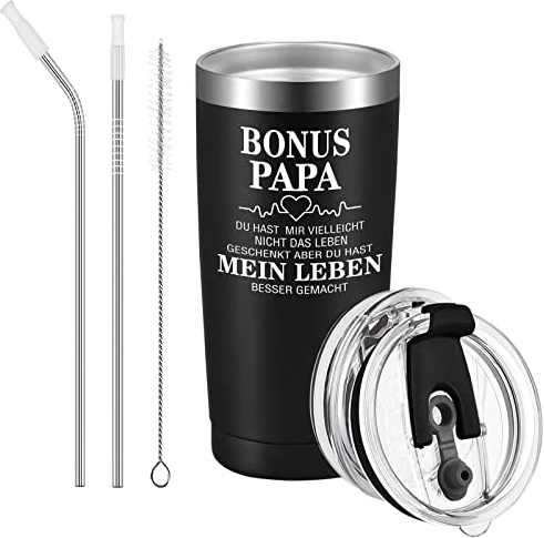 Livole Bonus Papa Geschenk, Bonus Papa Tasse, Stiefvater Geschenk Vatertag - Du hast mir vielleicht nicht das Leben geschenkt, aber du hast mein Leben besser gemacht - 600ml Edelstahl Weinbecher