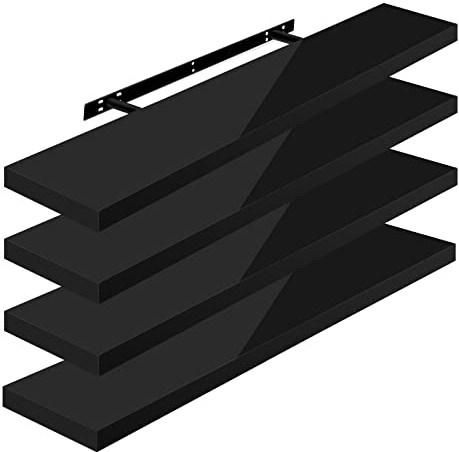 WOLTU Wandregal,Schweberegal Hochglänzend Schwarz,100x22,9x3,8cm 4er MDF | Wandboard 4er mit Metallhalterung, für Küche Badezimmer Wohnzimmer Schlafzimmer, aus MDF, Regale mit der höchsten Träger 10kg