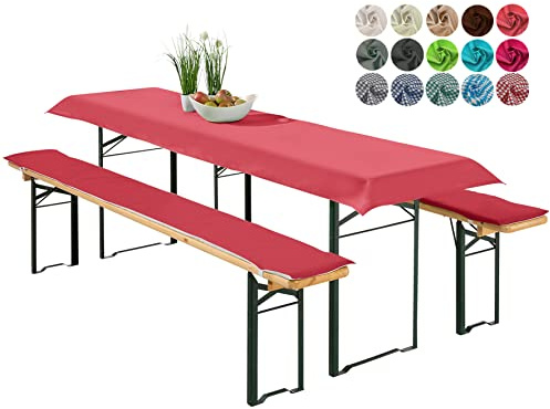 heimtexland ® Bierzeltgarnitur Auflagen Set 3-teilig Tischdecke Bierbankauflage Polster Kissen Biergarnitur Typ698 Rot für Tischmaß 70x220 cm