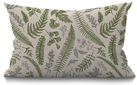 Leaves Cushion Cover Outdoor Linen Pillowcase Green Leaves and Fern Pattern Throw Pillow Cover 30cm X 50cm Hippie Decorative Oblong Lumbar Pillow Case for Livingroom Sofa Bed ,30x50cm 12x20 Inch