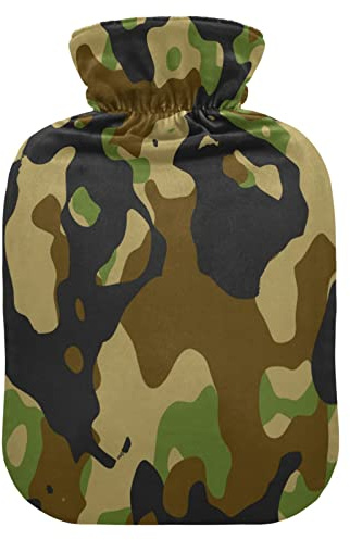 Mnsruu Grün und Schwarz Camouflage Wärmflasche mit Samtbezug, 2 l Transparente Wärmflasche für Hand Fußwärmer Schmerzlinderung Heißkalt Therapie Krämpfe