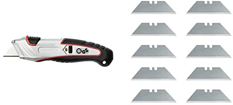 Wedo 78845 Safety Cutter Profi (mit 3-Stufen-Vorschub und automatischem Klingenrückzug) schwarz & 7881 Cutter Ersatzklingen Trapez (für Safety Cutter und Werkzeug, 61x19mm) 10 Stück, silber