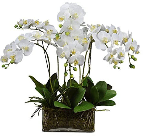HRTC Moderne künstliche Orchideen, künstliche Phalaenopsis-Blumen, Blumenstrauß, Set mit Glasvase, Orchideen, künstliche Topfblumen