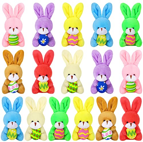 Fovths 16 Pack 4.7 Inch Easter Bunnies Plush Toys Set Stuffed Rabbit Keychain Toys with Eggs Easter Party Favors
