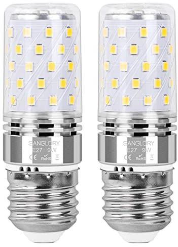 SanGlory E27 LED Birne 9W ersetzt 80 Watt, 950LM, Tageslichtweiß 5000K, Maiskolben LED Leuchtmittel, E27 Kerze LED Lampe für Kronleuchter, 2er Pack
