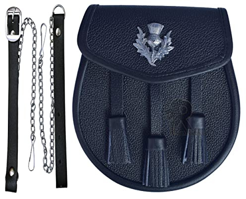 RIMSH LLC Pin de cinturón de cuero negro Sporran Cadena lisa y en relieve falda escocesa Sporran para hombres Kilt Accesorios para hombres con borlas, Insignia de esporran negro con cardo, 7''