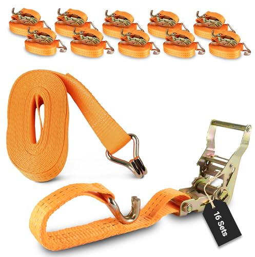 Rapid Spanngurte mit Ratsche 16 Stück - 35mm x 6m zweiteilig/bis zu 2000kg belastbarer reißfester Zurrgurt/schnelle und sichere Zurrgurte mit Ratsche orange/Zurrschlaufen für 2000 daN (2t)