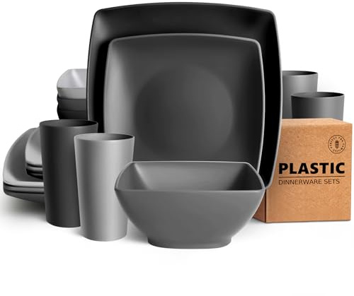 Teivio Service de table carré de cuisine 16 pièces en plastique pour 4 personnes, assiettes plates, assiettes à dessert, bols, tasses, assiettes et bols en plastique incassable, vaisselle de camping