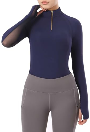 Harrison Howard Equestrian Tops Female Long Sleeve Half Mesh Arm Design Quick-Dry Summer Top with Smart Shoulder Lines & Stylish Neckline for Women, Dark Blue, Medium