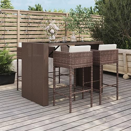 Rantry 5-TLG. Gartenbar-Set mit Kissen Theke Gartentheke Bar Tresen Stehtisch Bartisch Barhocker Barstuhl Sitzgarnitur Gartengarnitur Möbel Gartenmöbel Braun Poly Rattan #1