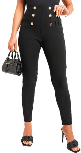 Want Clothing Women's Smart Casual Ribbed Waist Gold Button Detail Ankle Grazer Trousers (UK, Alpha, M, L, Regular, Regular, Black)