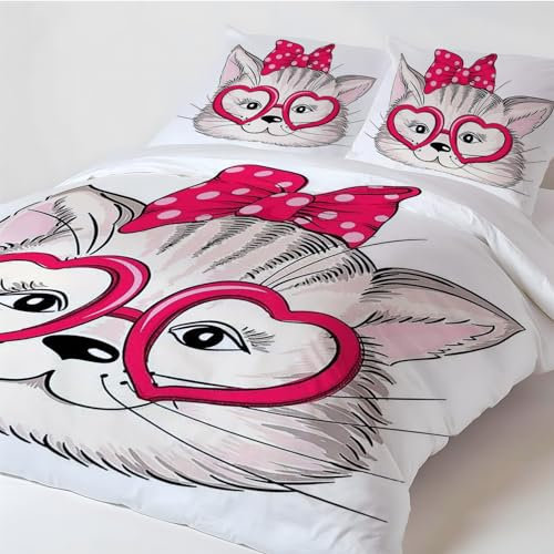 Bettwäsche 140x200 Bettbezug Winter Bettwäsche-Sets süße Katze Muster Weich Baby bettwäsche Set Hypoallergen Kinder bettwäsche mit 2 Kissenbezüge 80x80 cm