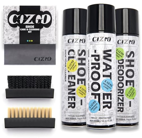 COZGO Protector Waterproof Spray Kit with Sneaker Cleaner Foam, Shoe Waterproof Protector Spray, Shoe Deodorizer Freshener, 2 Brushes and Towel for White Shoe Suede Canvas Fabric Leather PU