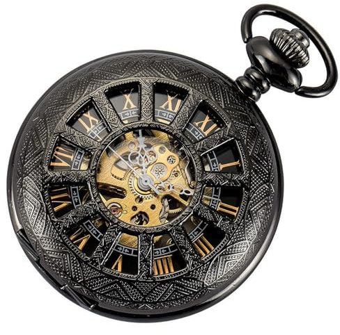 ManChDa Taschenuhr – Skelett-Taschenuhr, mechanisch, Lupe, spezieller Deckel, römische Zahlen, Fob Armbanduhr für Herren, mit Kette + Geschenkbox