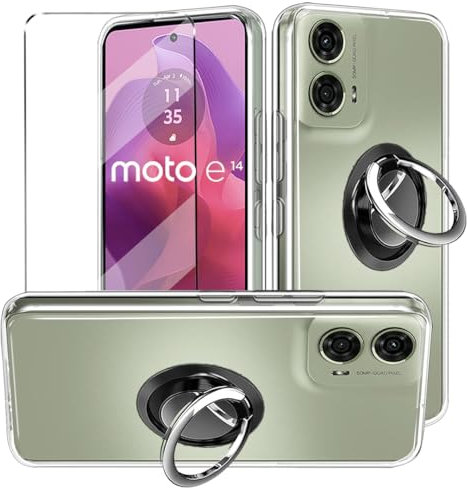 3-in-1 Case + Phone holder Ring Compatible with Motorola Moto E14 Cover with 1 Pack Tempered Glass Screen Protector for Moto E14, Slim Fit Soft TPU Shockproof Anti-Scratch Phone Case Cover - Clear
