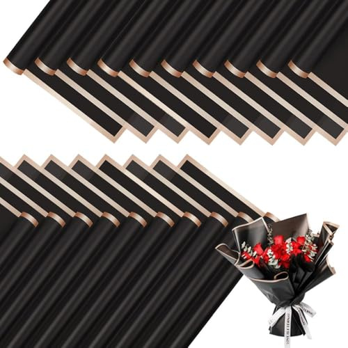BKEPDY 20 Hojas Papel Envoltorio Negro Elegante Borde Dorado Papel Embalaje Ramos Flores Envolver Regalos Decorativo Artesanal