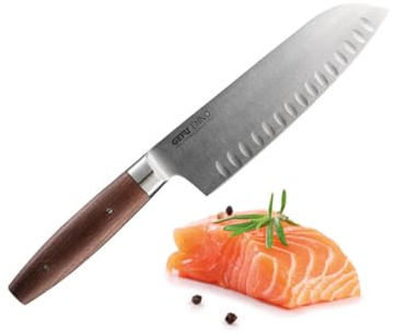 GEFU Santokumesser Enno 18 cm - Japanisches Kochmesser mit Kullenschliff | Japanische Klingenform aus Solinger Spezialstahl, HRC 57, Walnussholzgriff, beidseitig handgeschliffen für Fleisch & Fisch