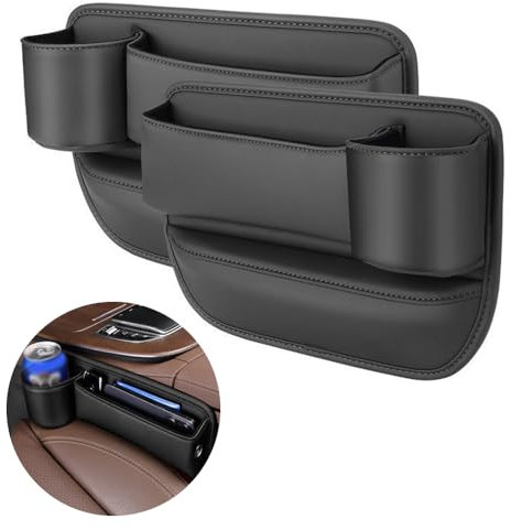 Car Seat Gap Filler Organizer with Cup Holder,Storage Box With Cup Holder Multifunctional PU Leather Car Seat Storage Box,Automotive Car Essentials for Most Vehicles (2 Pack Black)