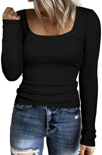 Aottori Long Sleeve Tops for Women UK Ribbed Square Neck T Shirts Ladies Basic Top Casual Cotton Base Layering Soft Breathable Elasticated Jersey Pullover Black S