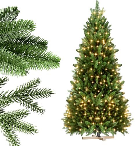Froadp Weihnachtsbaum Künstlicher,Tannenbaum Künstlich mit Beleuchtung,Künstliche Weihnachtsbäume mit Holz Ständer,PE und PVC Zweigen,für Weihnachts Dekor Innen- & Außen (150 cm)